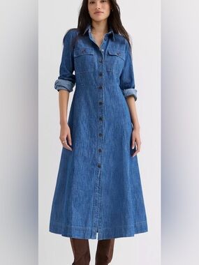 LOFT s2 Blue Denim Long-Sleeve Button-Front Maxi Dress-looks NEW-Retail $120
